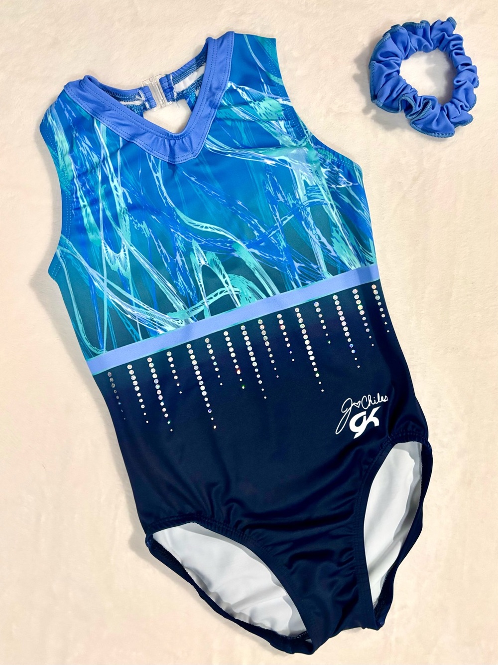 GK Jordan Chiles Performance Leotard Blue Rhinestone CM With Matching Scrunchie - Picture 1 of 11
